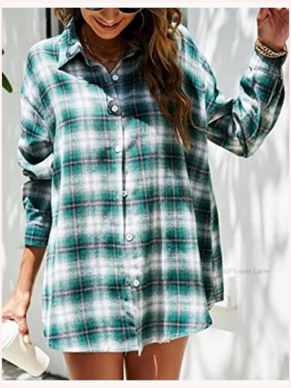 Oversized Flannel Plaid Button Down Shirt Blouse Top - Picture 5 of 7